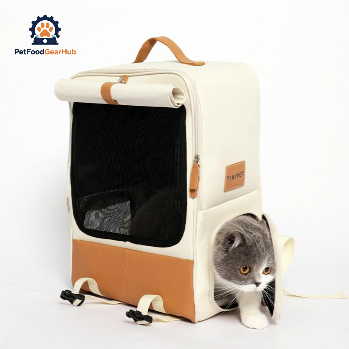 Cat Exiting the Tinypet Cat Backpack Through the Side Door | PetFoodGearHub