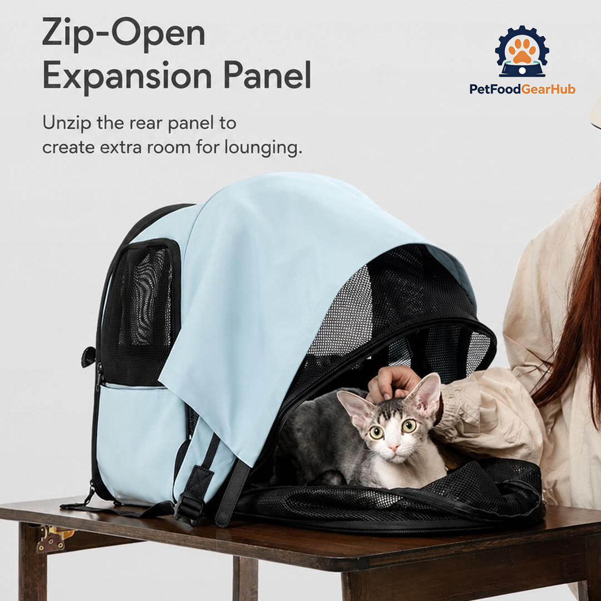 Cove Expandable Cat Backpack with Cat | Zip-Open Expansion Panel | PetFoodGearHub