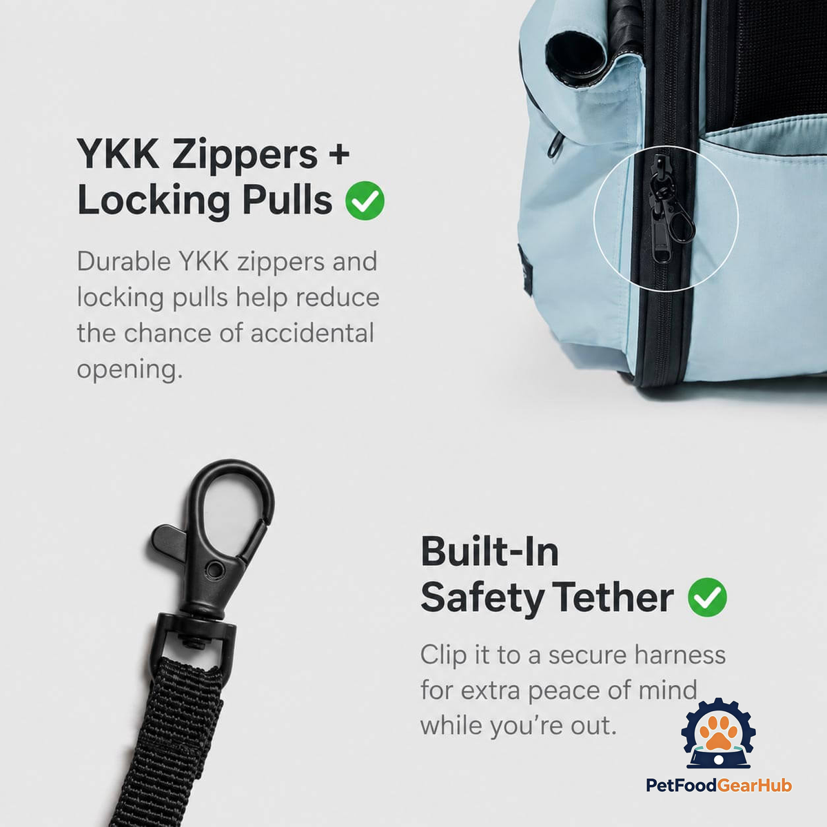 Cove Expandable Cat Backpack Zippers and Safety Tether | Secure Cat Carrier Features | PetFoodGearHub