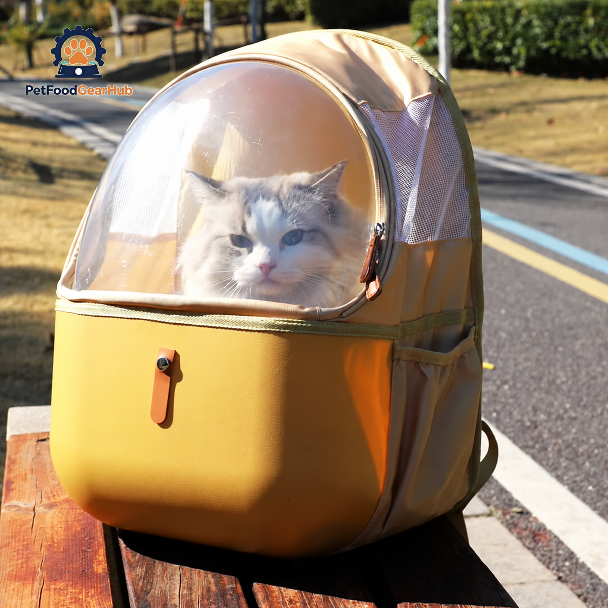 Cat Sitting Inside Yellow Collapsible Cat Backpack | PetFoodGearHub