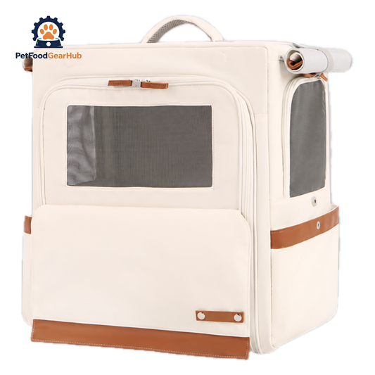 Beige Collapsible Leather Cat Traveling Backpack | PetFoodGearHub