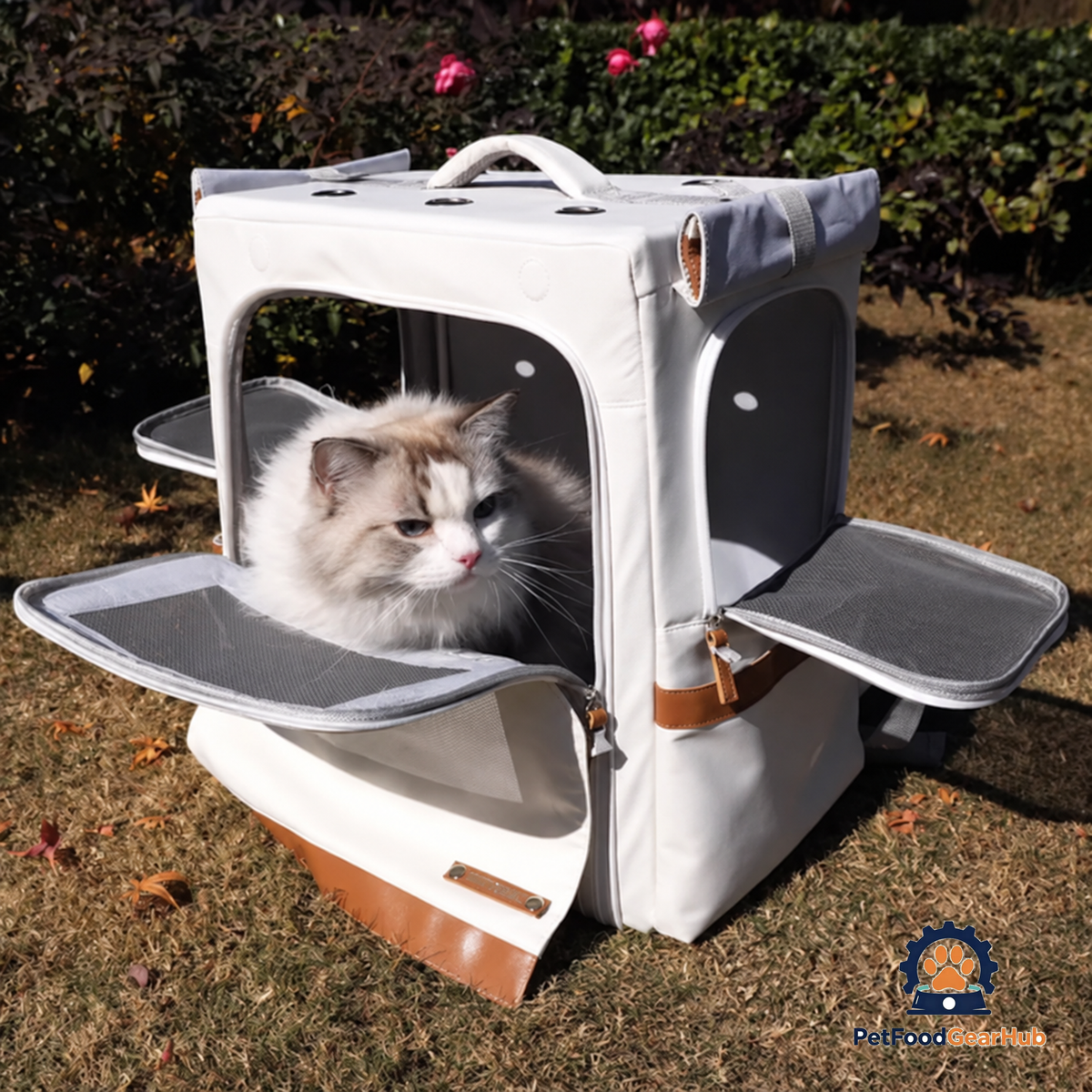 Cat Inside Beige Collapsible Leather Cat Traveling Backpack | PetFoodGearHub