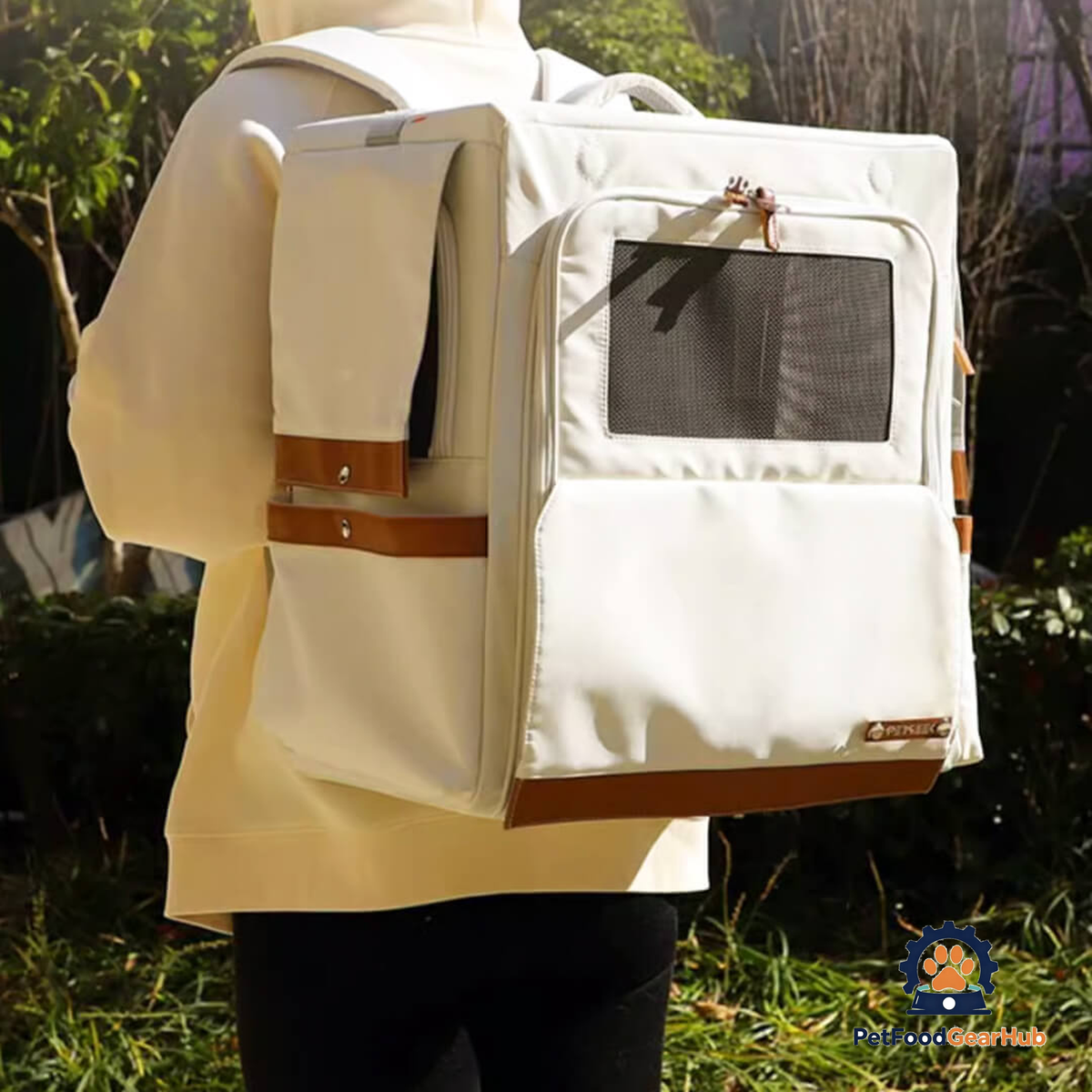 Carrying Beige Collapsible Leather Cat Backpack | PetFoodGearHub
