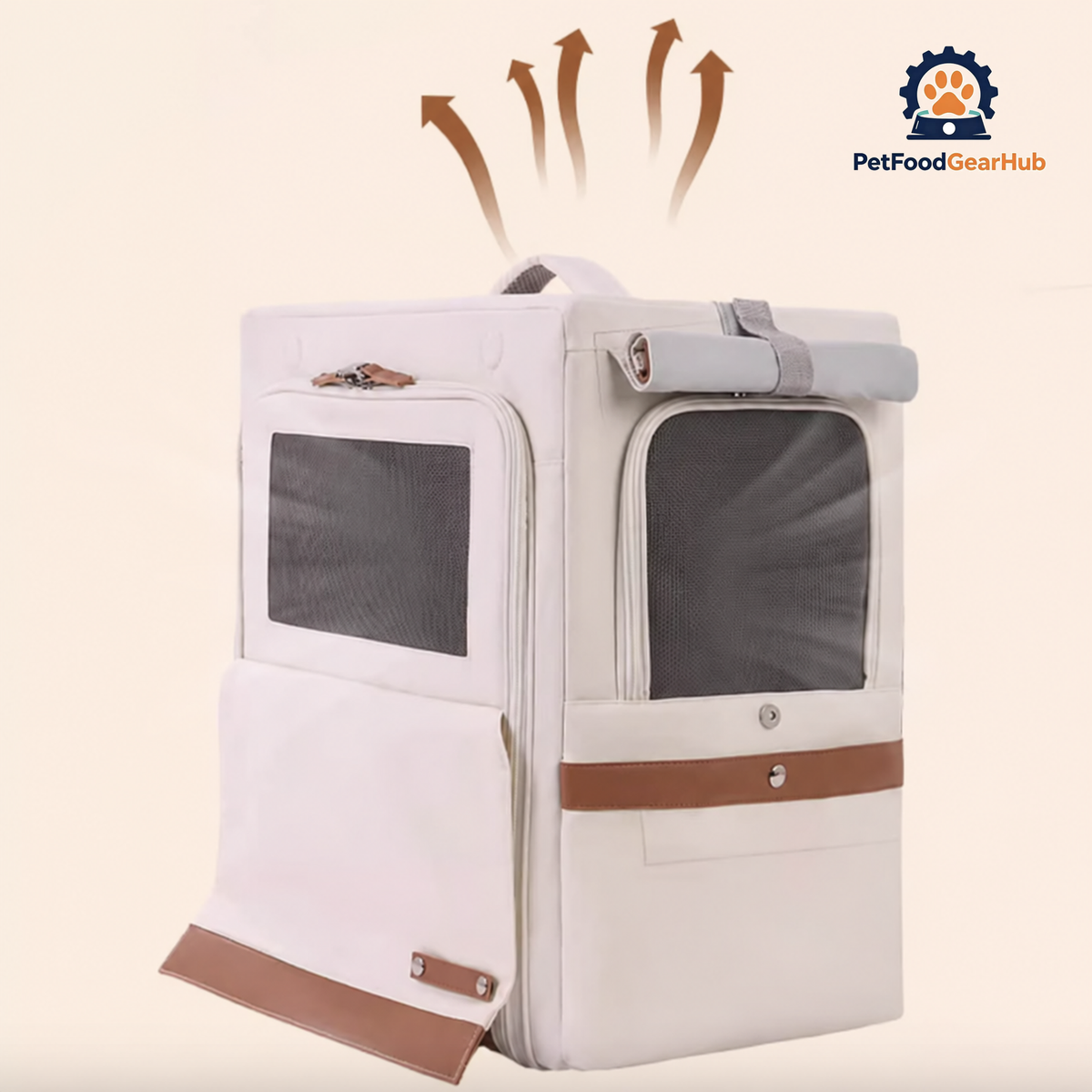 Breathable Mesh of Beige Collapsible Leather Cat Traveling Backpack | PetFoodGearHub