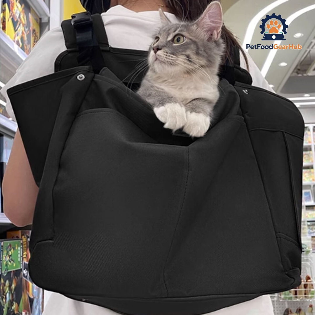 Cat Sitting In Black Cuddle Carrier Backpack Worn On Back | PetFoodGearHub