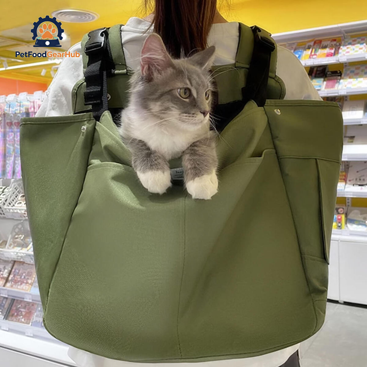 Cat Sitting Comfortably In Green Cuddle Carrier Backpack Worn On Back | PetFoodGearHub