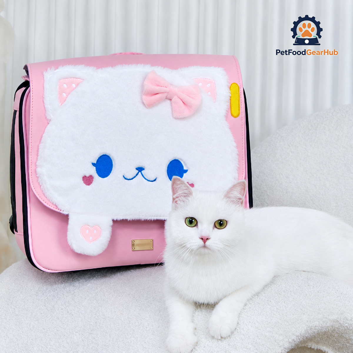 White Cat Lying Inside Pink PetFoodGearHub Whiskers Wonders Cat Backpack | PetFoodGearHub