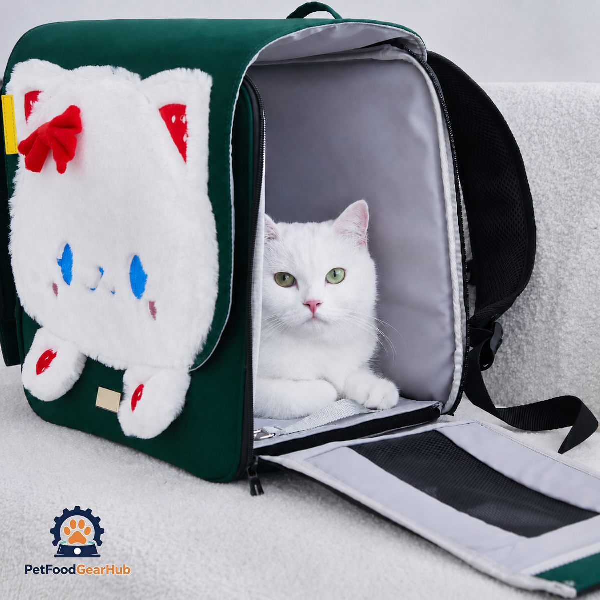White Cat in Green PetFoodGearHub Whiskers Wonders Cat Backpack | PetFoodGearHub