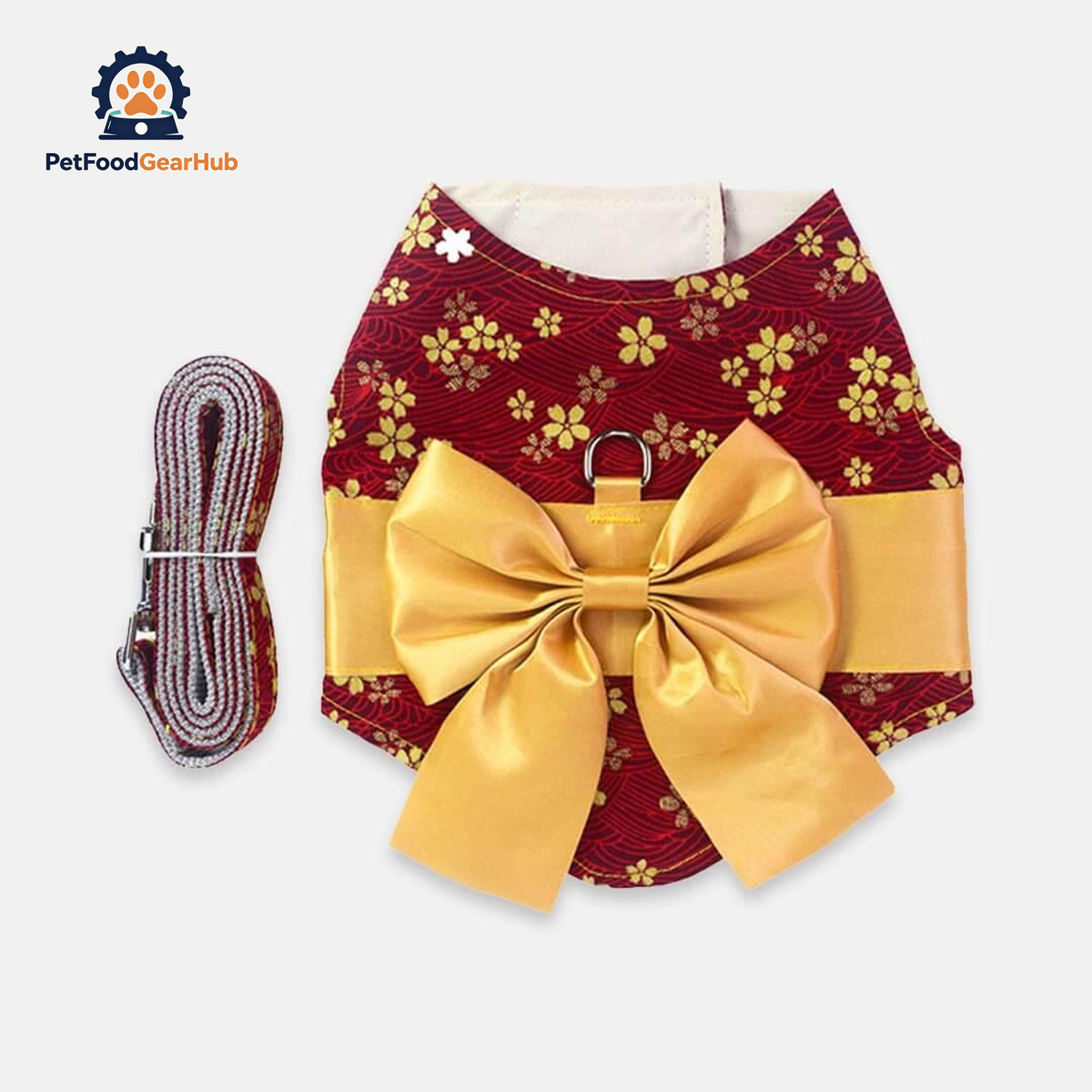 Red Kimono Cat Harness and Leash Set with Yellow Bow | PetFoodGearHub