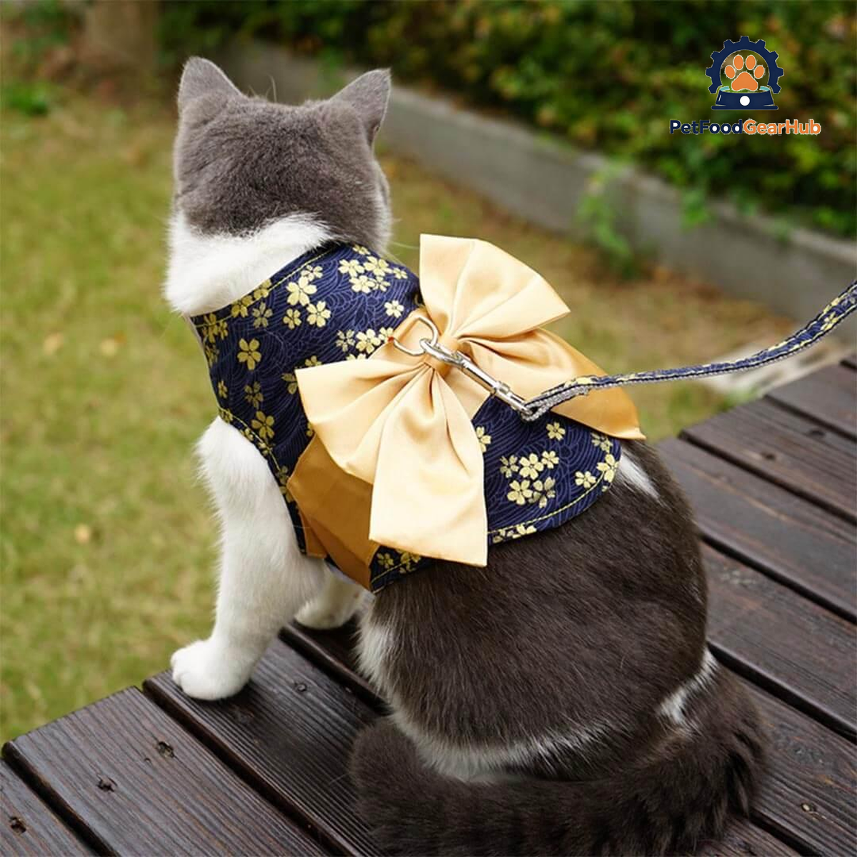 Cat Wearing Yellow Bow Kimono Harness | PetFoodGearHub