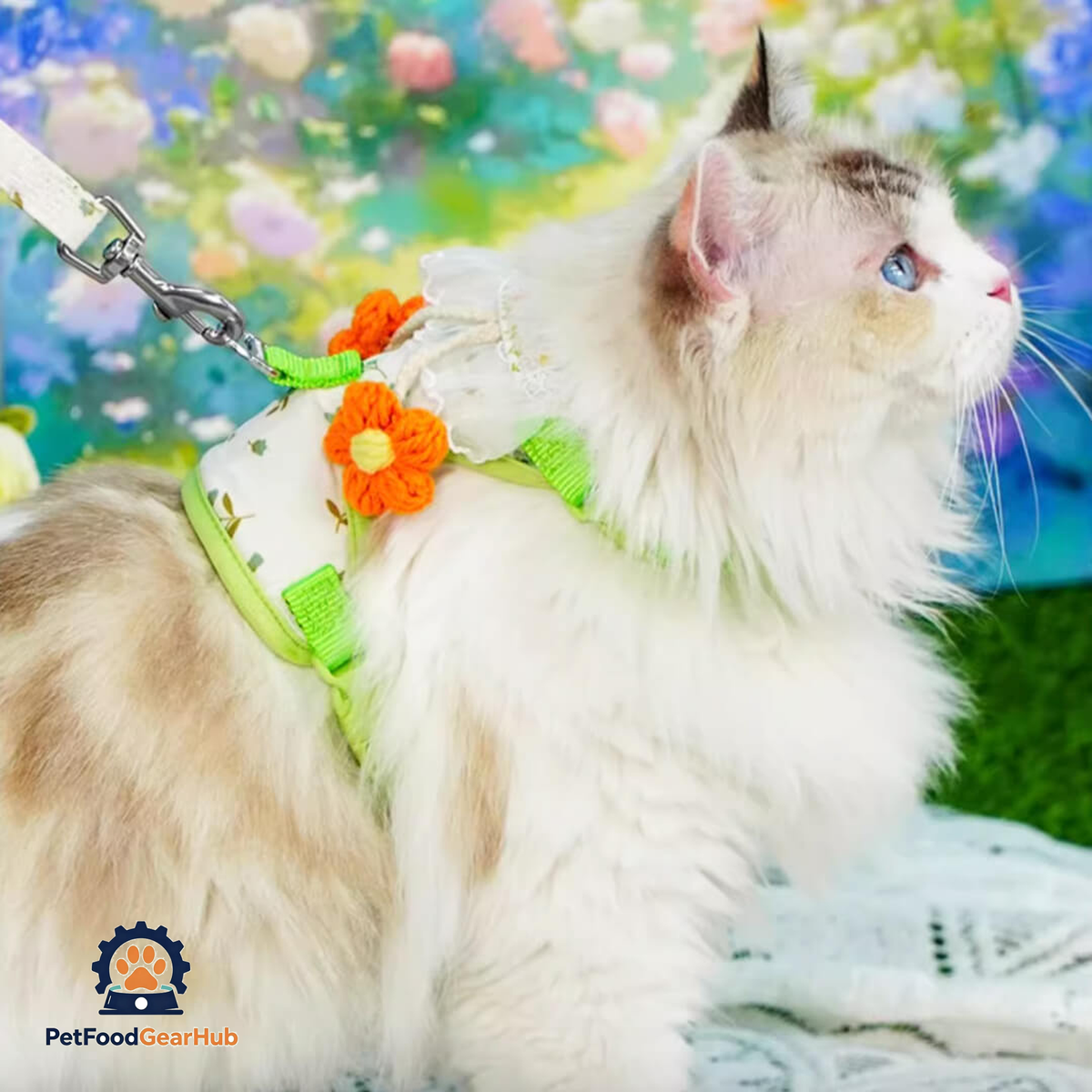 Cat in Green Floral H-Style Harness | PetFoodGearHub