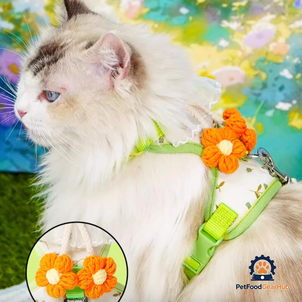Cat in Green Floral H-Style Harness | PetFoodGearHub