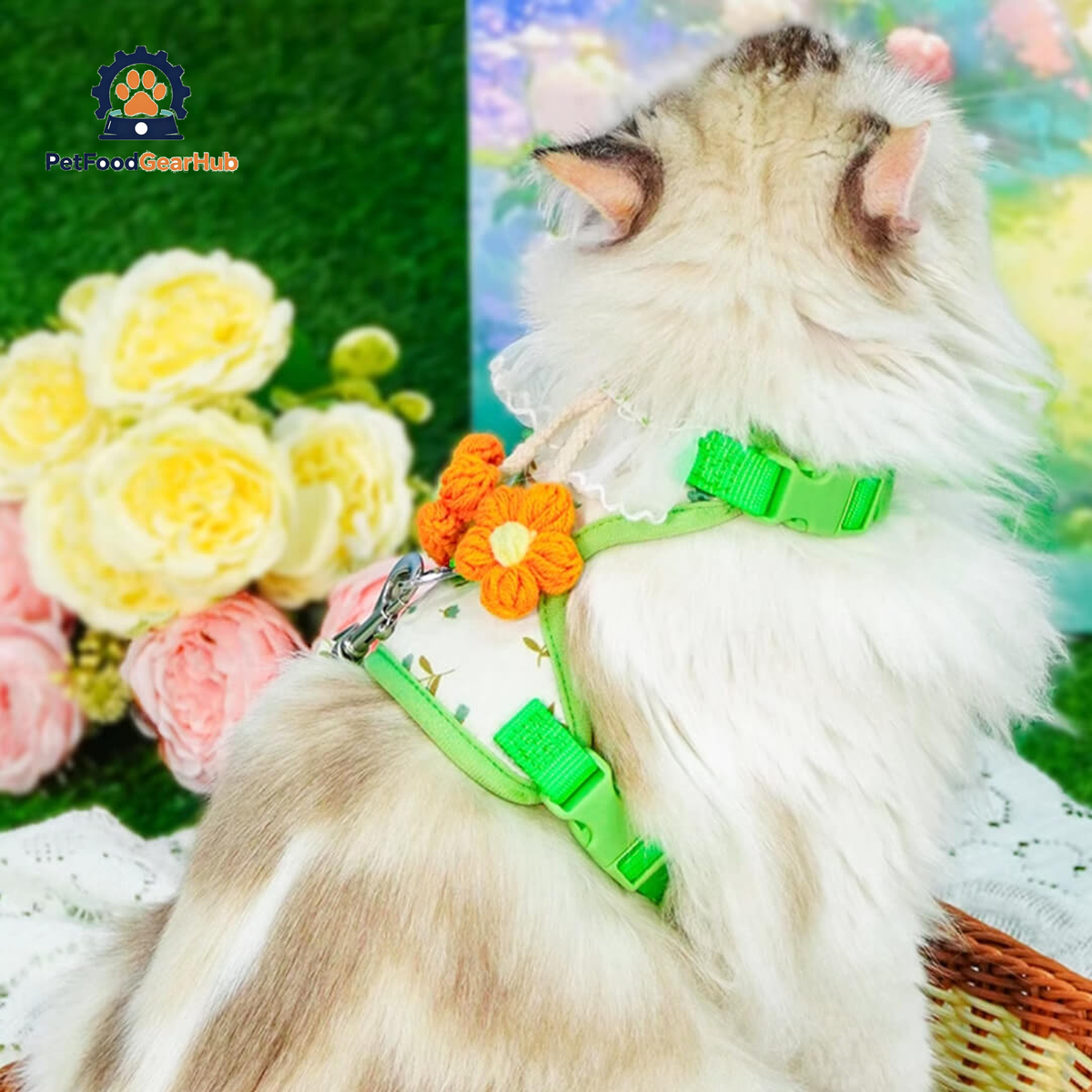 Cat in Green Floral H-Style Harness | PetFoodGearHub