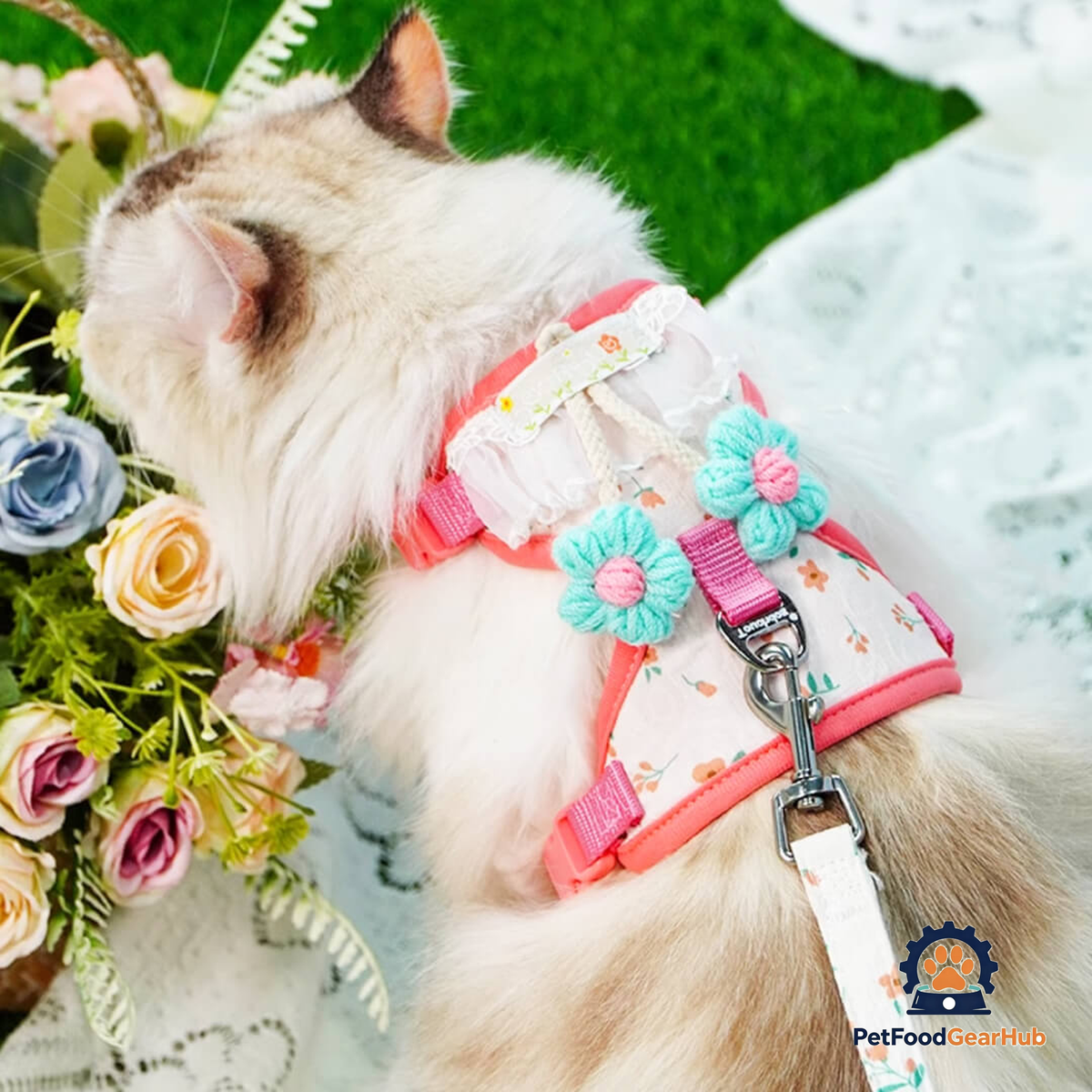 Cat in Red Floral H-Style Harness | PetFoodGearHub