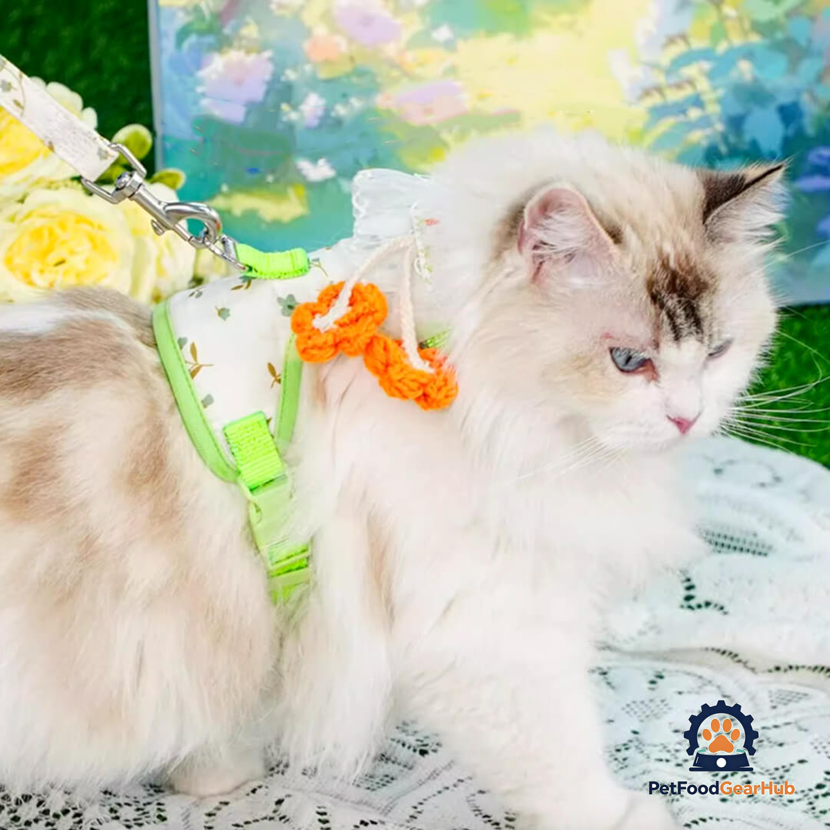Cat in Green Floral H-Style Harness | PetFoodGearHub