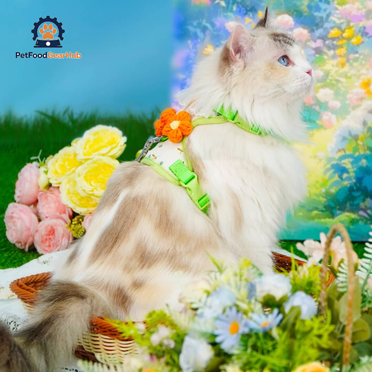 Cat in Green Floral H-Style Harness | PetFoodGearHub