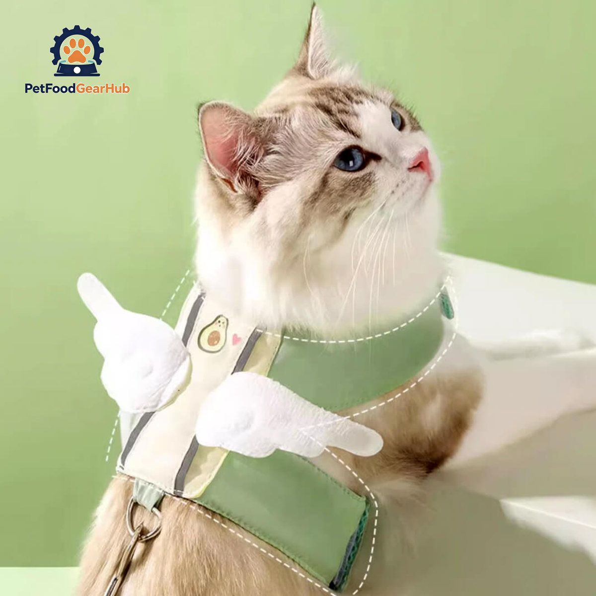 Cat Wearing Avocado Angel Wings Harness Looking Up | PetFoodGearHub