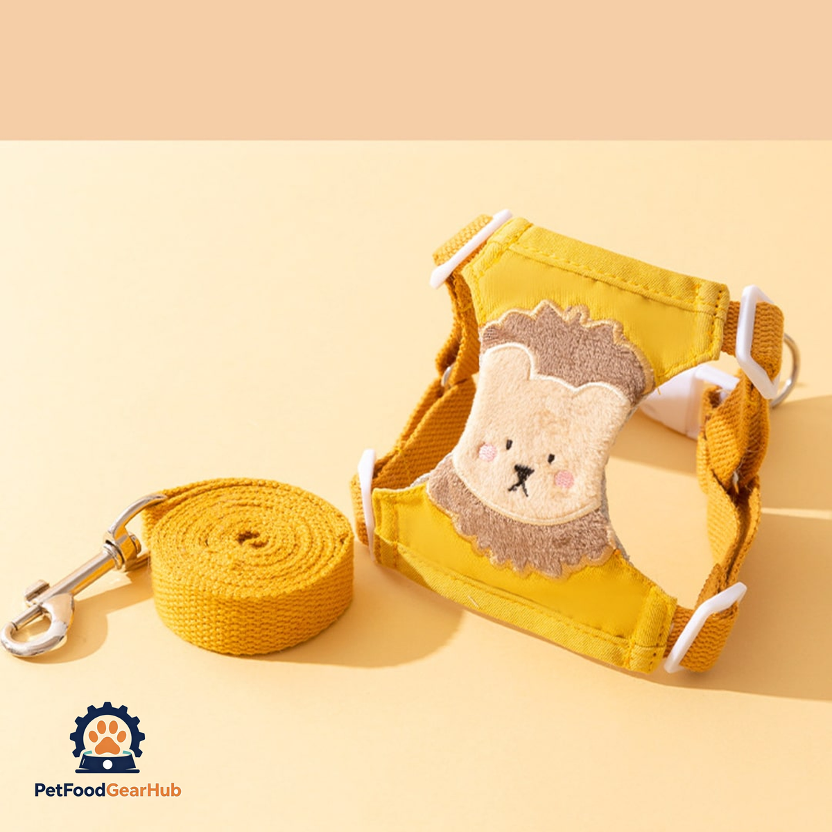 Lolly Cat Harness & Leash Set In Yellow With Embroidered Lion Design | PetFoodGearHub