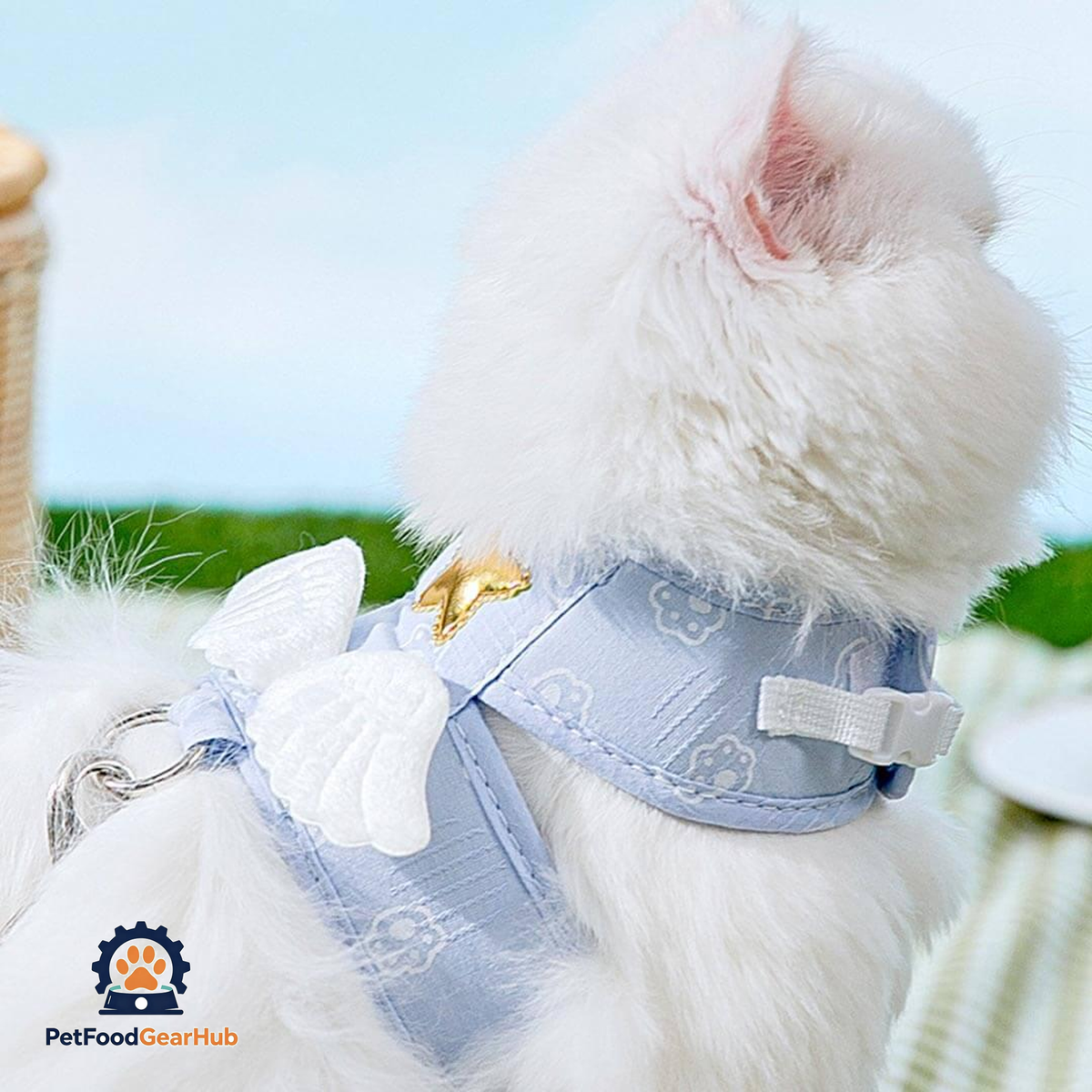 Cat Sitting in Blue Angel Harness with Wings | PetFoodGearHub