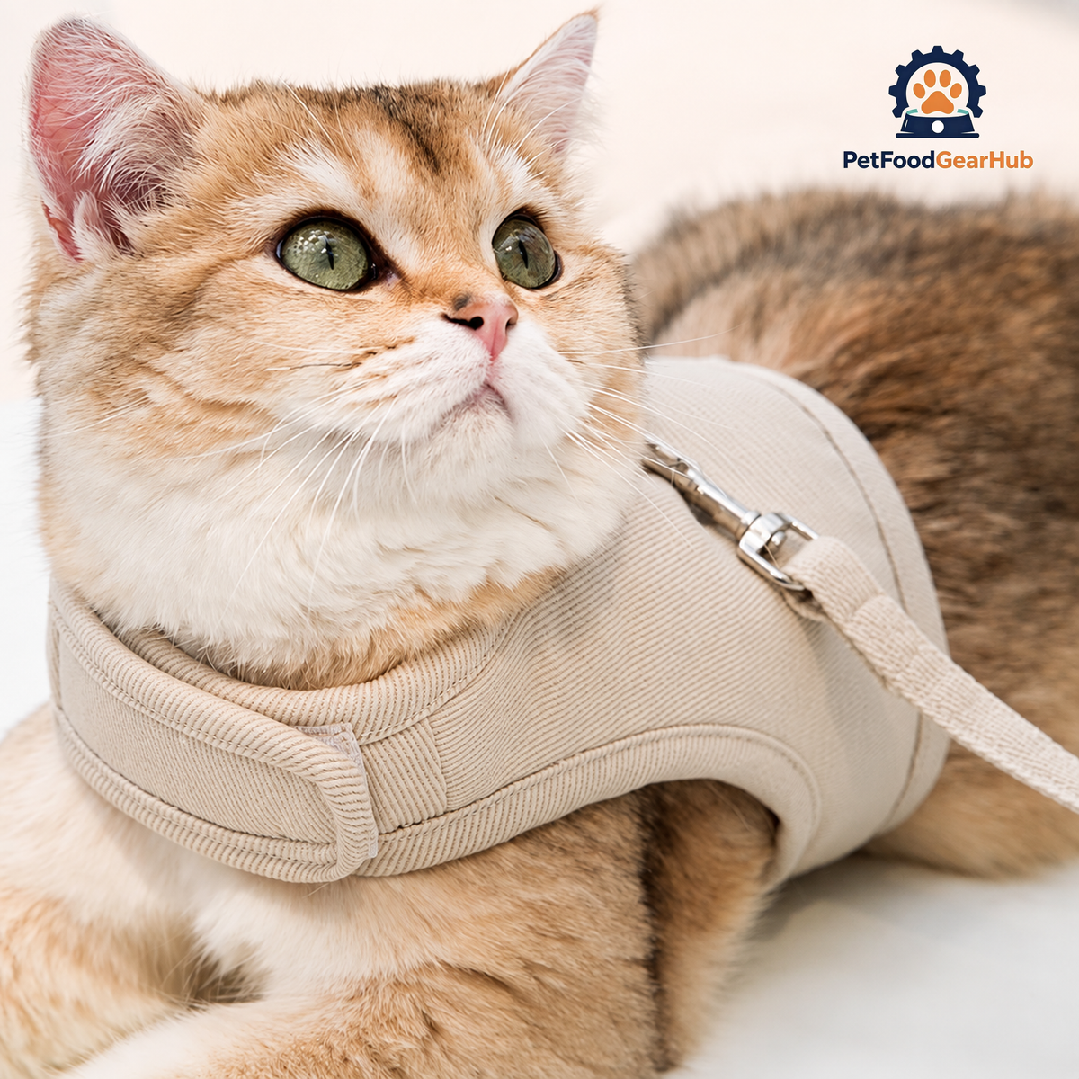 Cat Wearing Loki Cat Harness in Beige, Lounging Comfortably | PetFoodGearHub