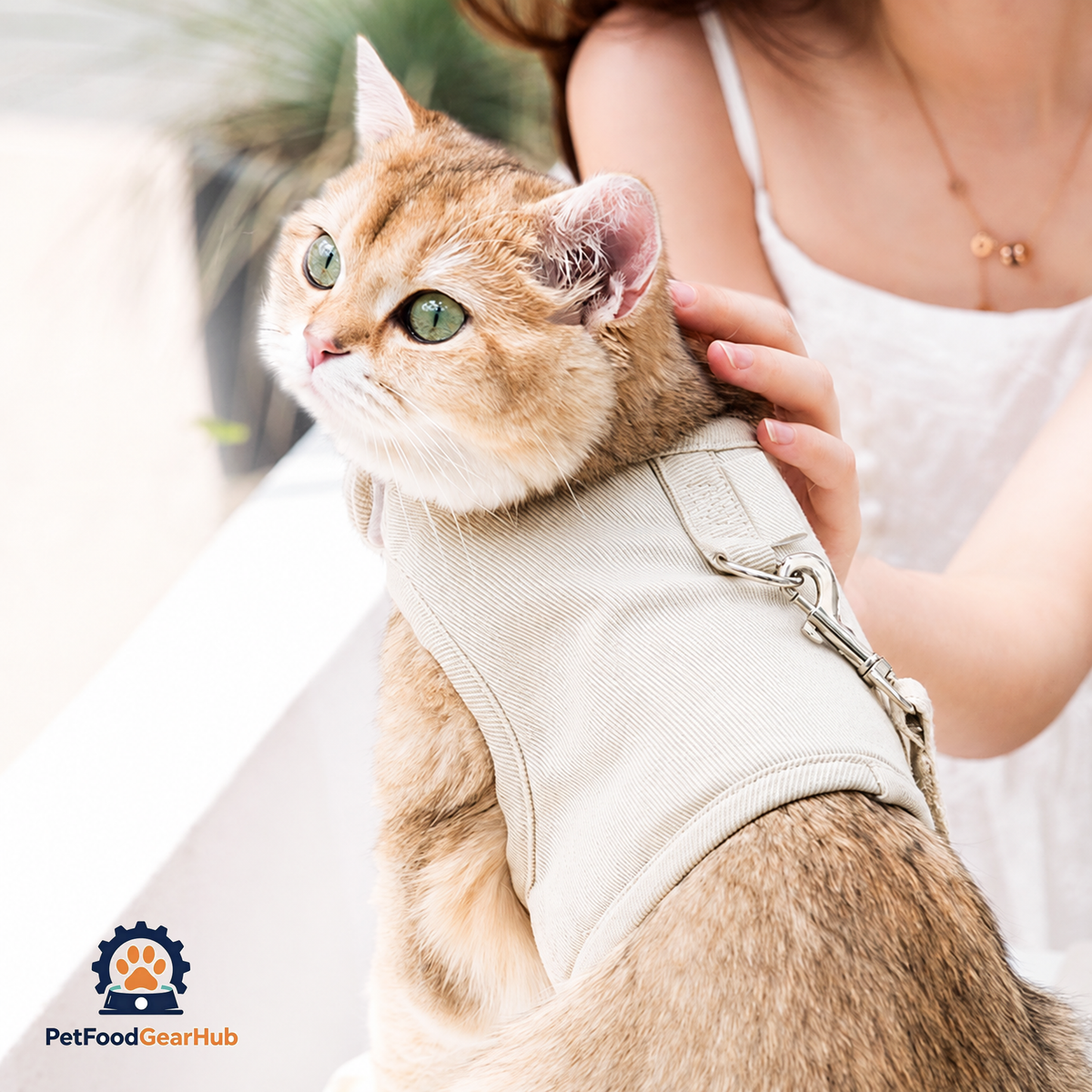 Cat Wearing Loki Cat Harness in Beige, Being Petted | PetFoodGearHub