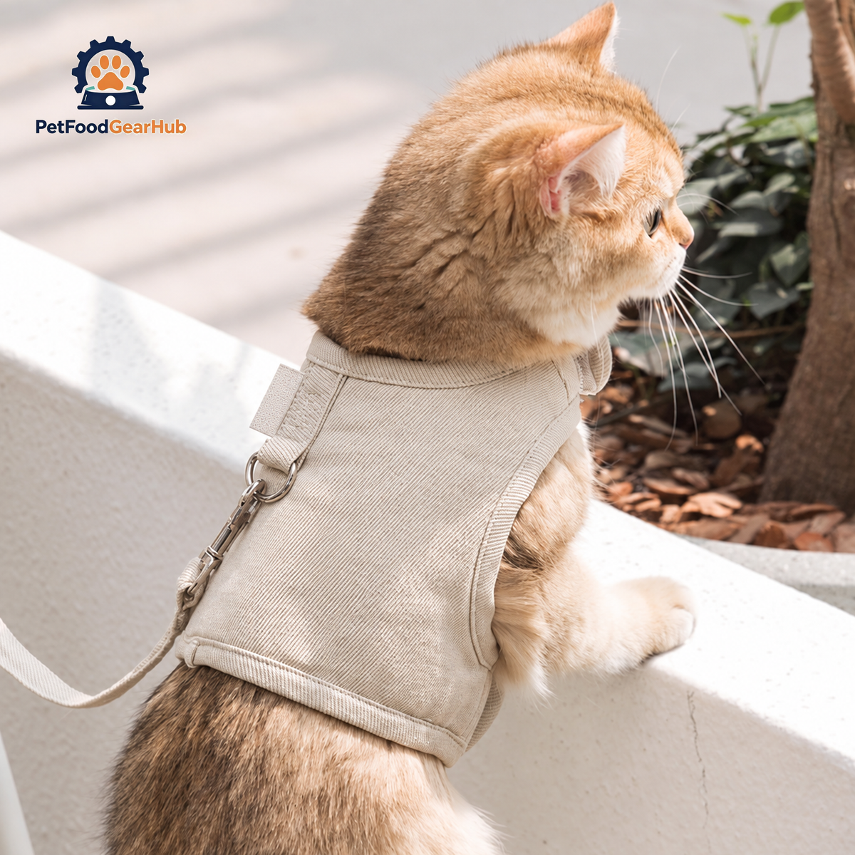 Cat Wearing Loki Cat Harness in Beige, Looking Out from Balcony | PetFoodGearHub