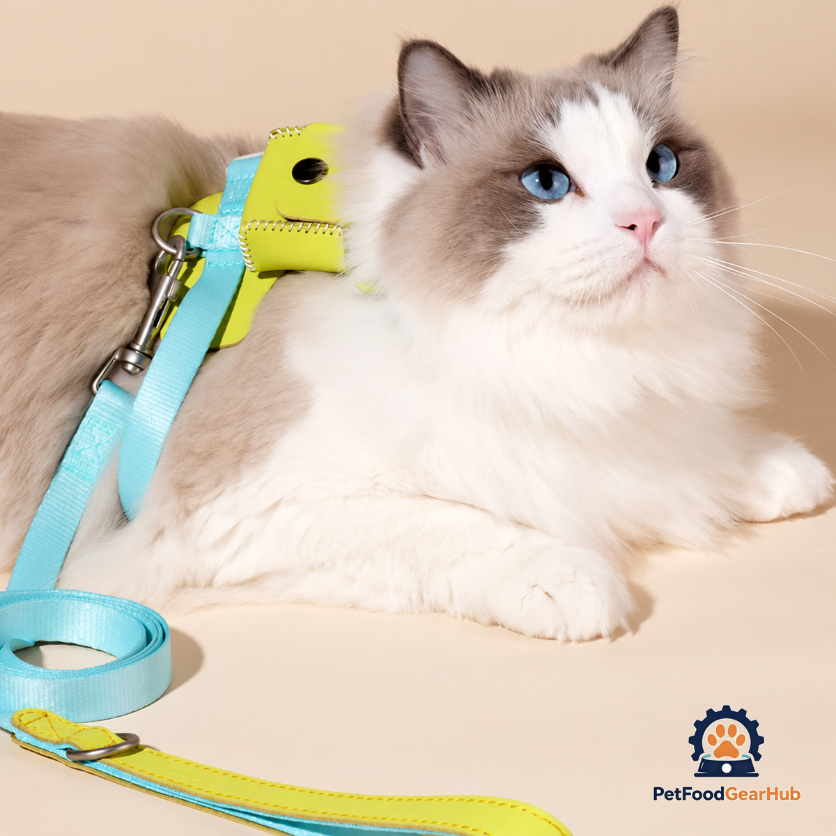 Cat in Turquoise H-Style Harness with a Mini Bag | PetFoodGearHub