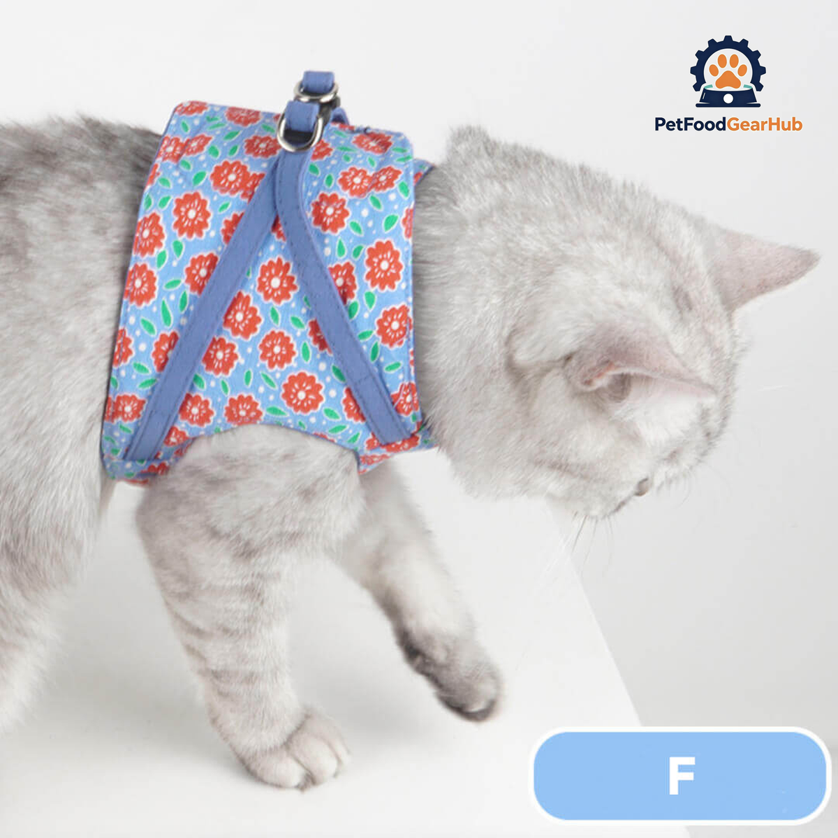 Blue Floral Print Fleur Cat Harness with Pink Bow | PetFoodGearHub