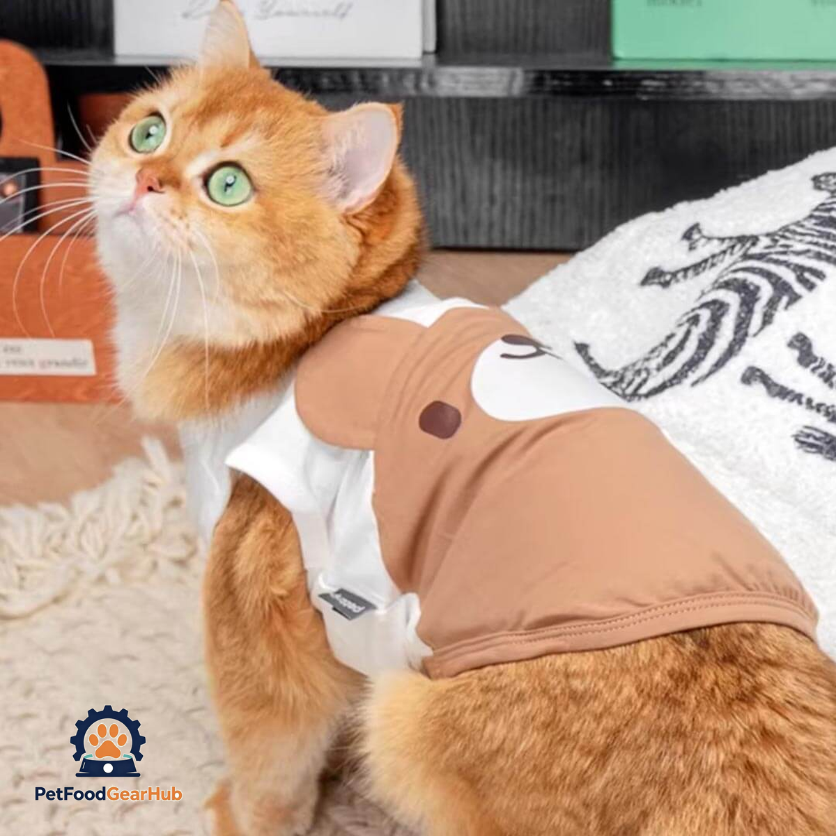 Brown Teddy Bear Cat Vest On Cat Looking Up | Cute Cat Apparel | PetFoodGearHub