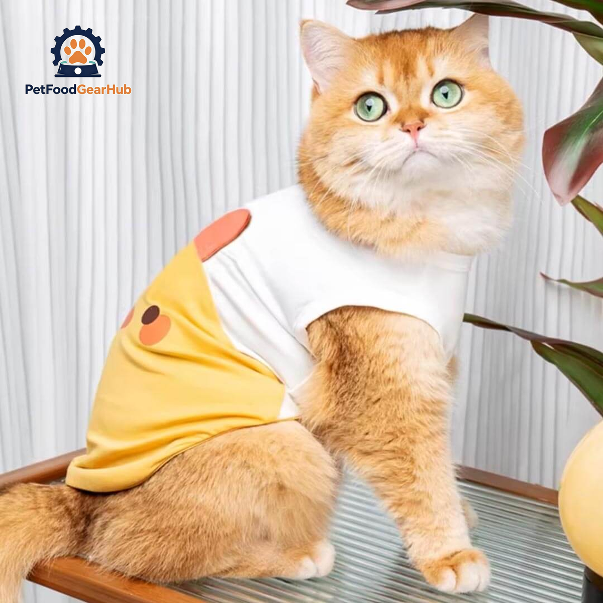 Yellow Chicken Cat Vest On Ginger Cat Sitting Side View | Cute Cat Summer Outfit | PetFoodGearHub