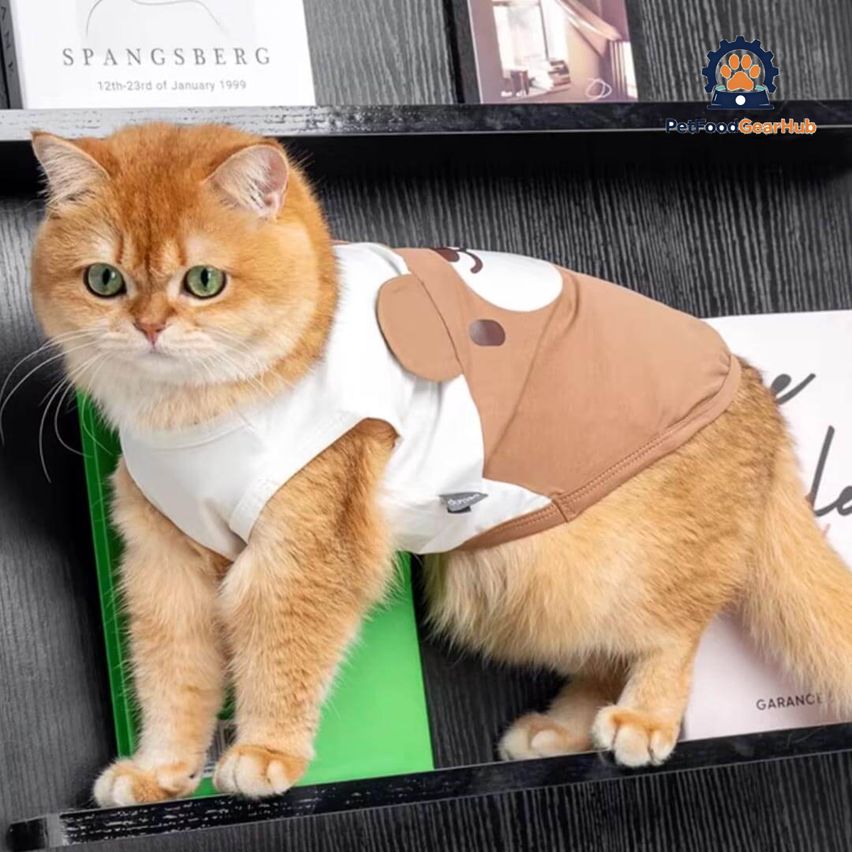 Brown Teddy Bear Cat Vest On Cat Shelf Pose | Cat Summer Vest | PetFoodGearHub