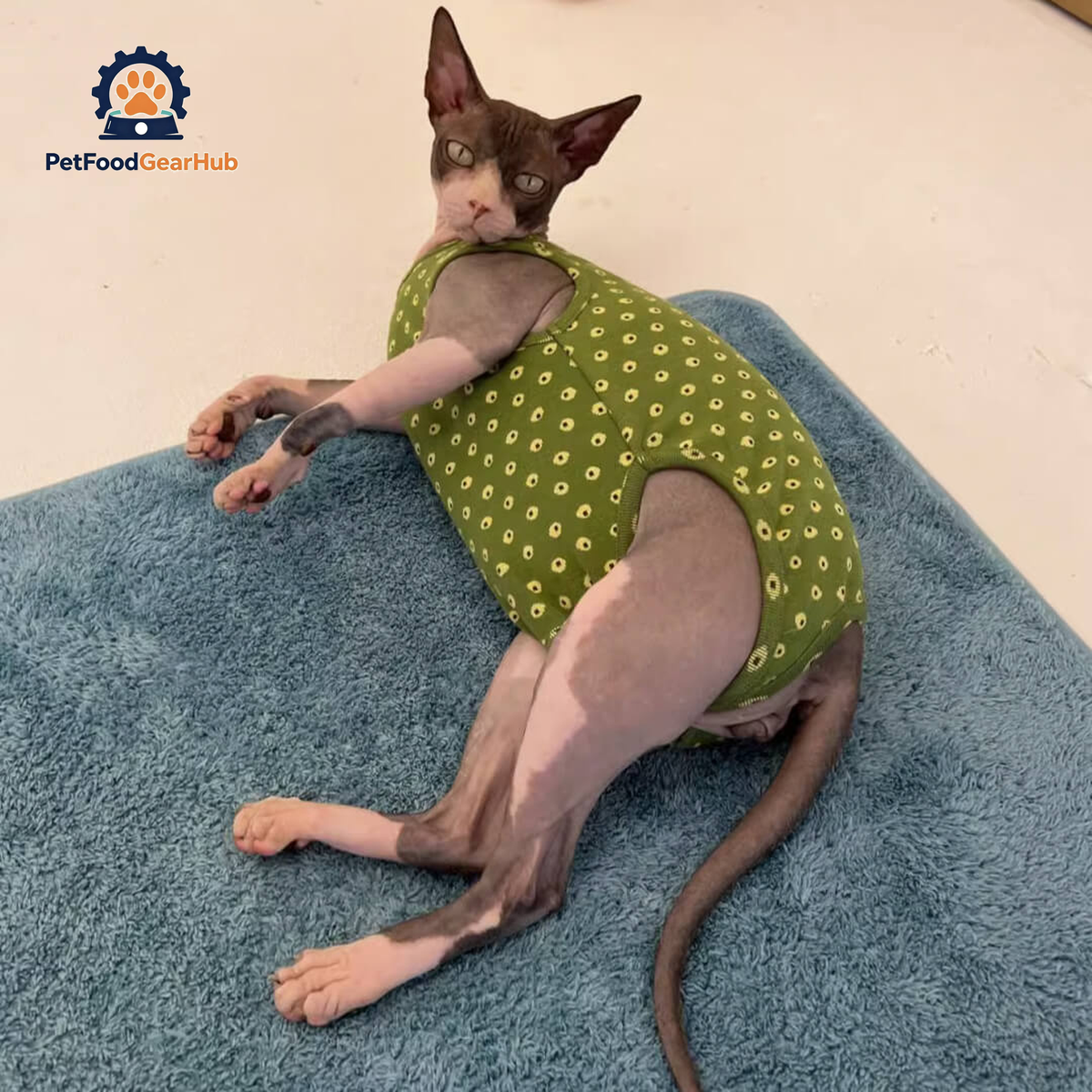 Sphynx Cat in Stylish Green Dungarees | PetFoodGearHub