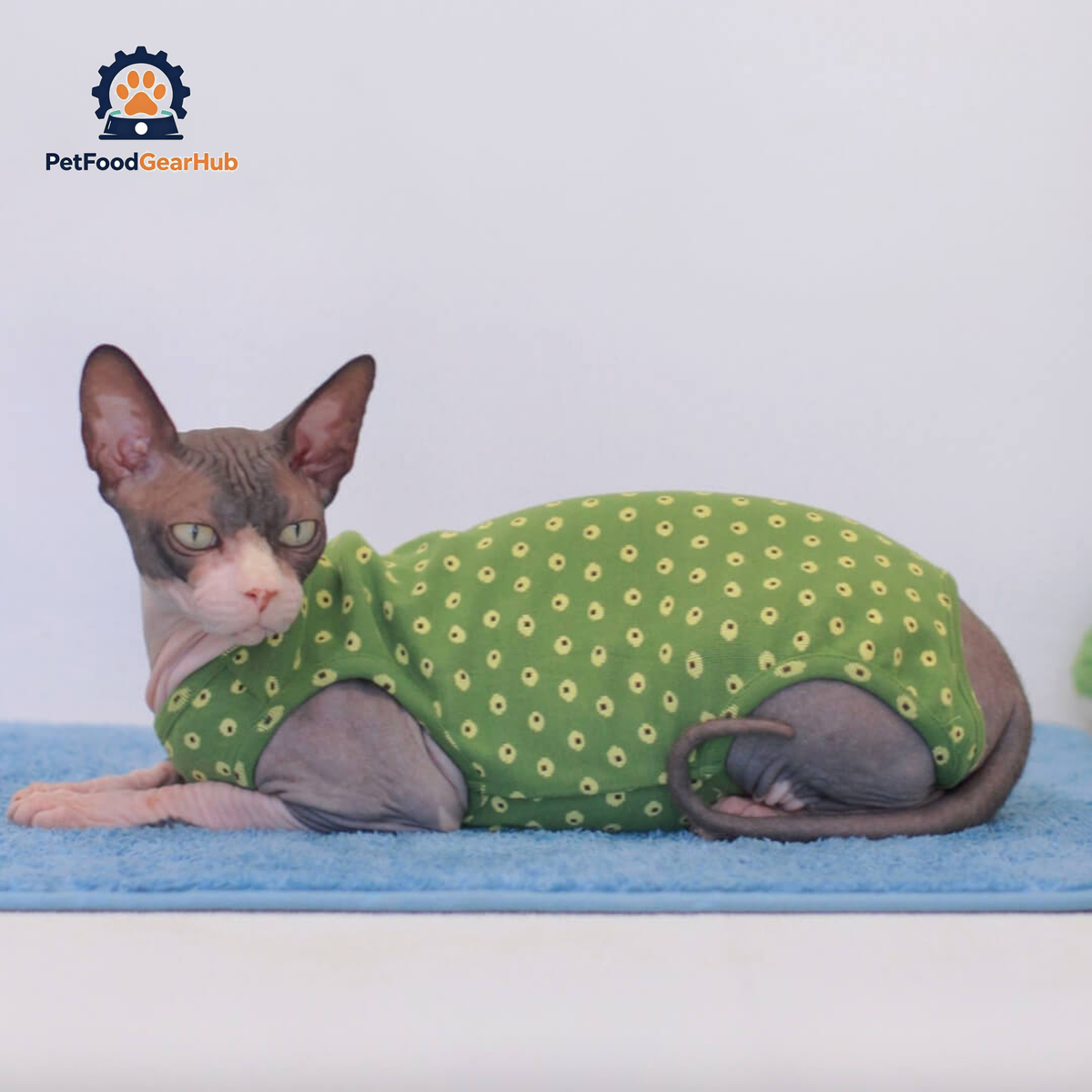 Sphynx Cat in Stylish Green Dungarees | PetFoodGearHub