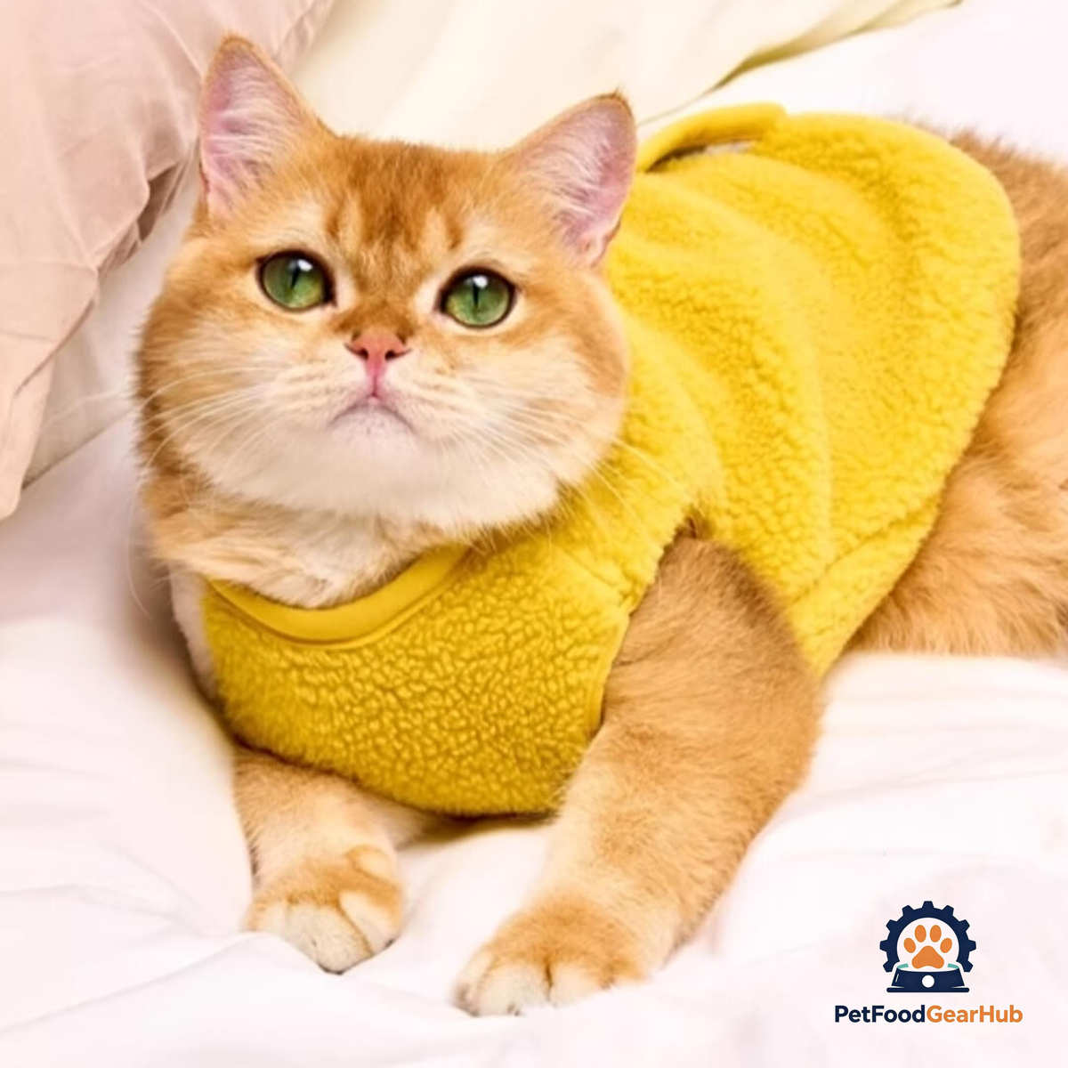 Cat in Cute Yellow Vest | PetFoodGearHub