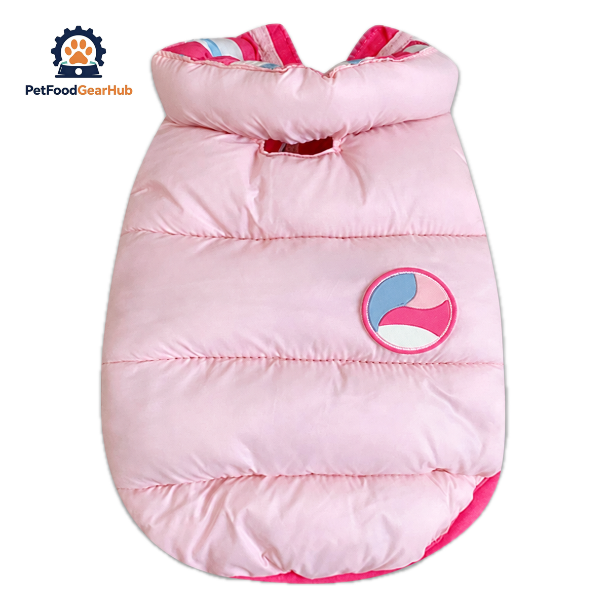 Pink Reversible Jacket for Cats | Striped & Solid Puffer Style | PetFoodGearHub