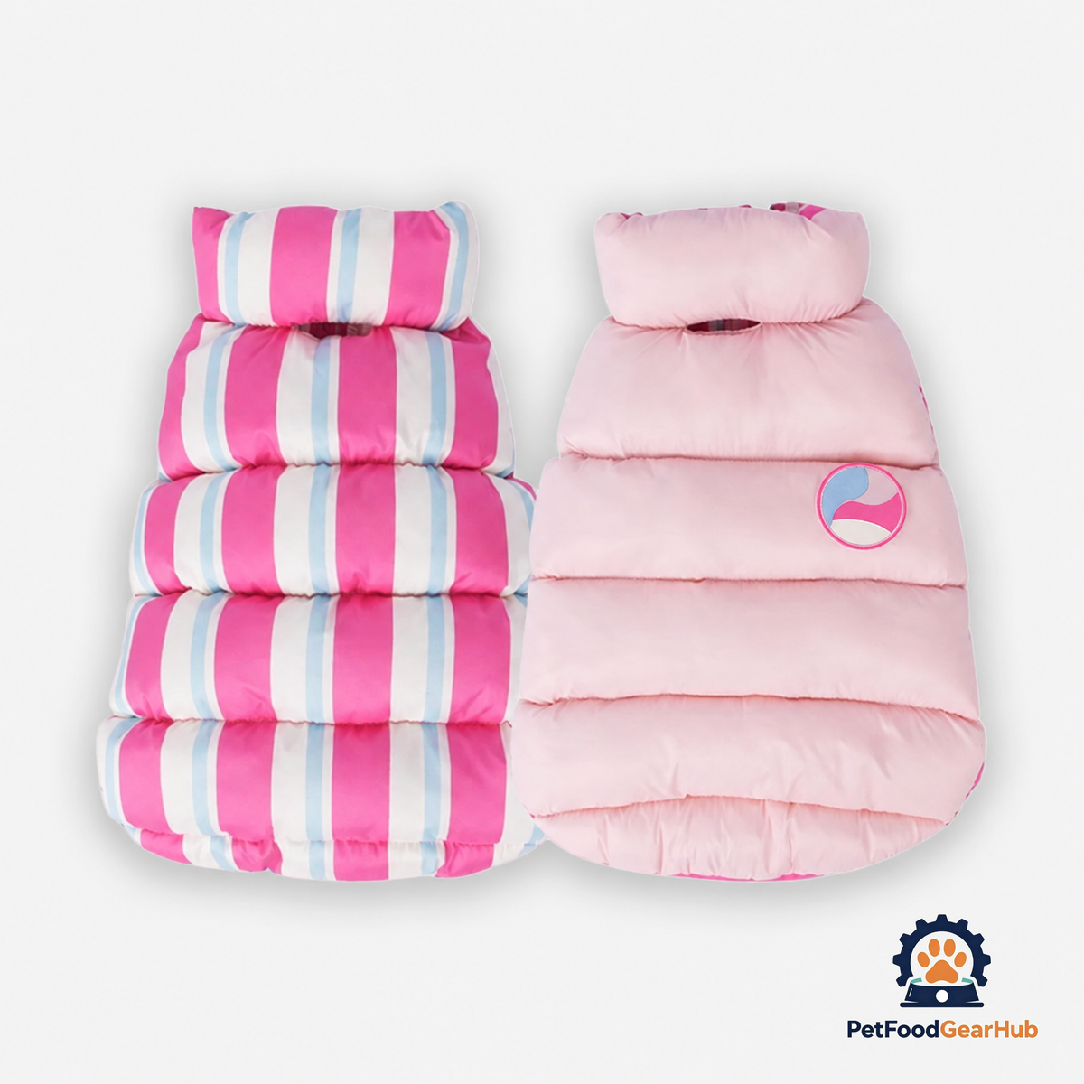 Pink Reversible Jacket for Cats | Striped & Solid Puffer Style | PetFoodGearHub