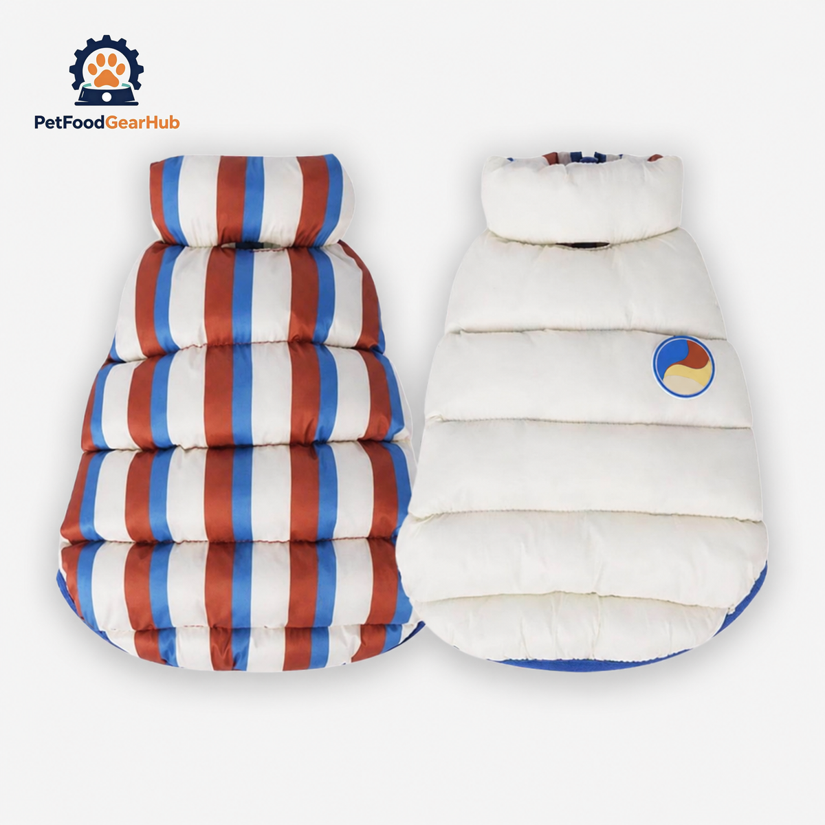 Cream Reversible Jacket for Cats | Striped & Solid Puffer Style | PetFoodGearHub