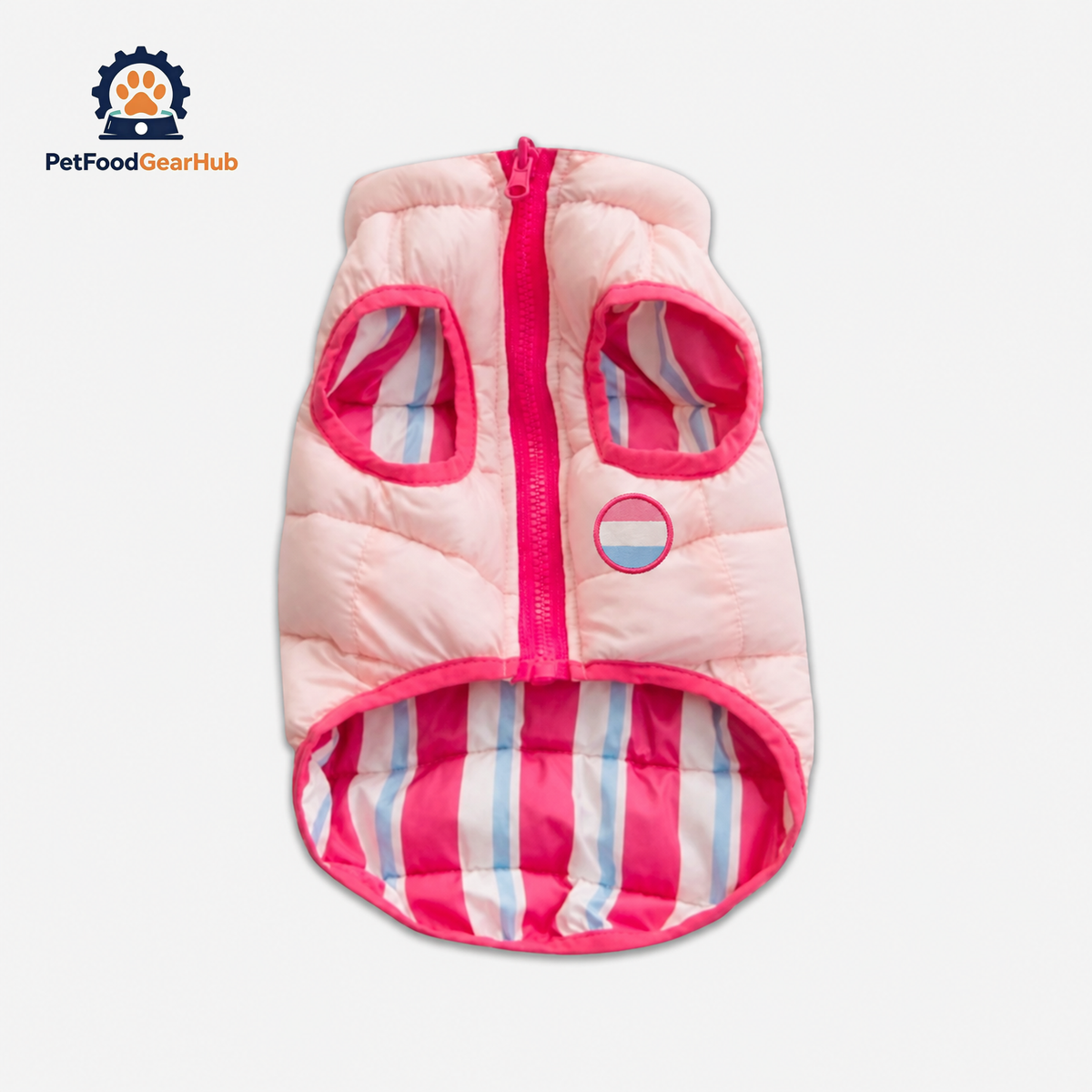 Pink Reversible Jacket for Cats | Striped & Solid Puffer Style | PetFoodGearHub