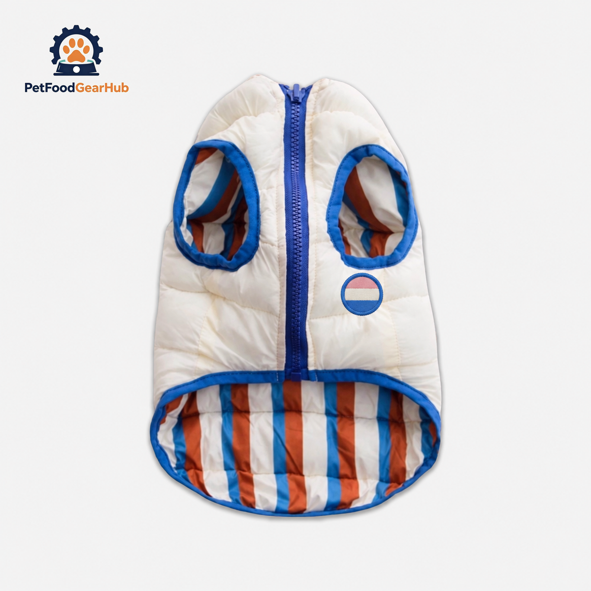 Cream Reversible Jacket for Cats | Striped & Solid Puffer Style | PetFoodGearHub