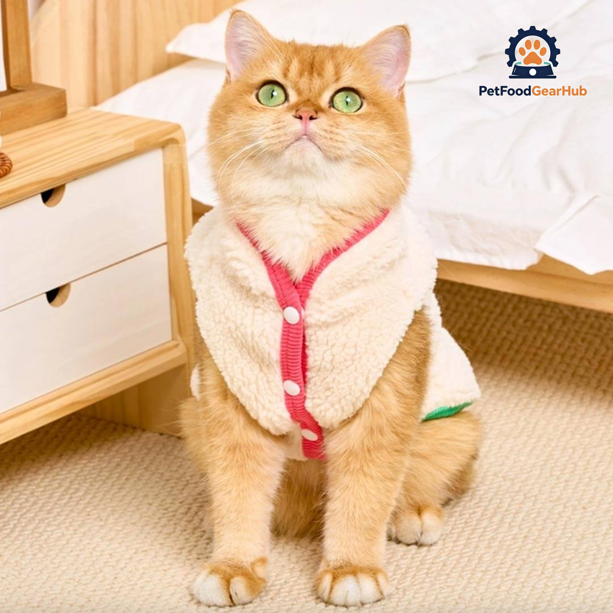 Cat in White Fleece Jacket | PetFoodGearHub