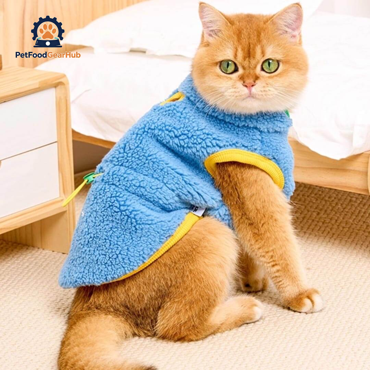 Cat in Blue Fleece Jacket | PetFoodGearHub