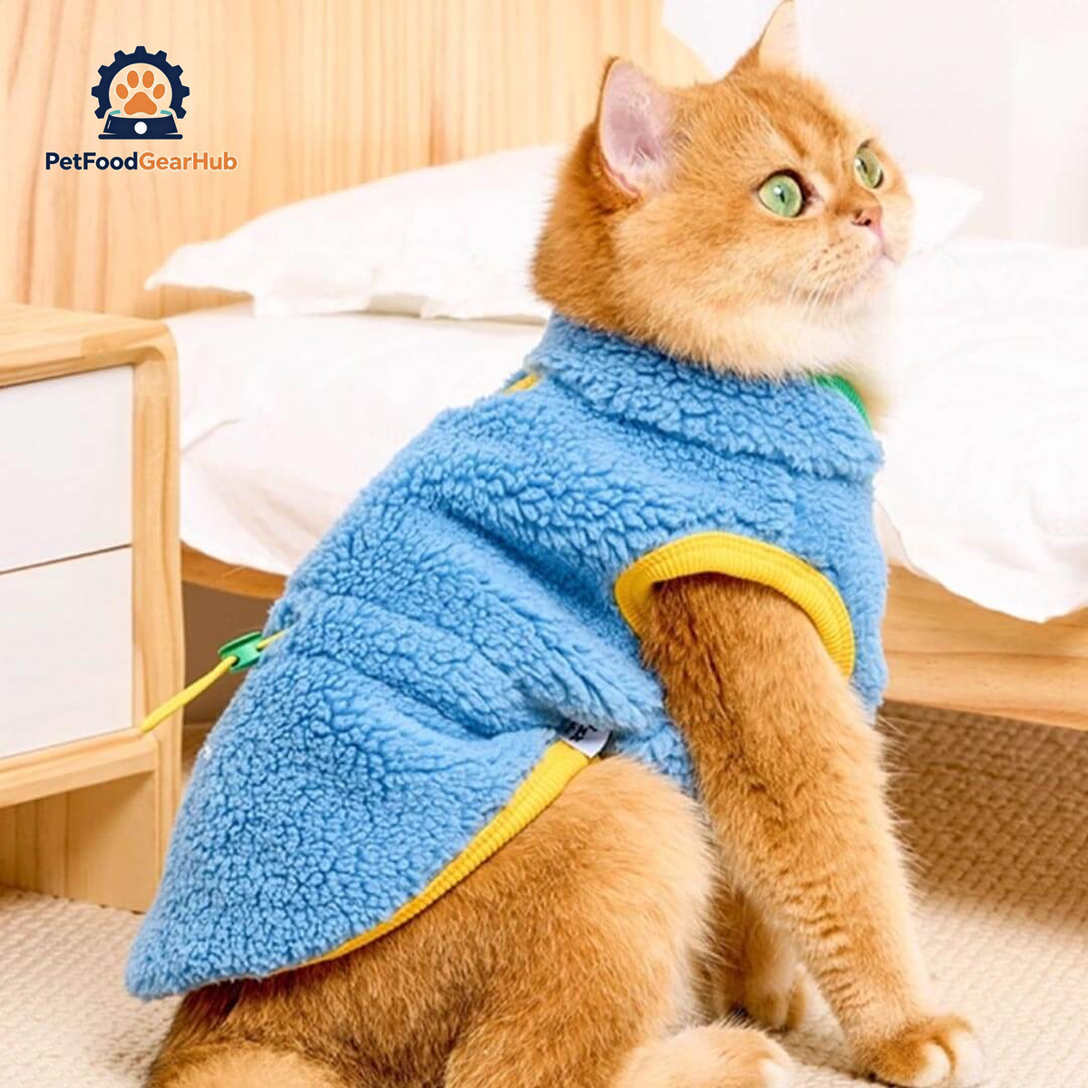 Cat in Blue Fleece Jacket | PetFoodGearHub