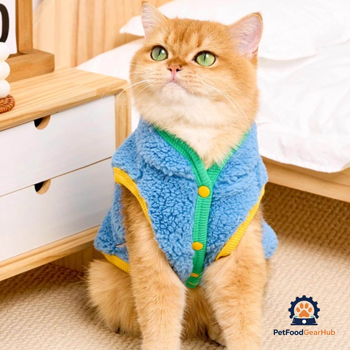 Cat in Blue Fleece Jacket | PetFoodGearHub