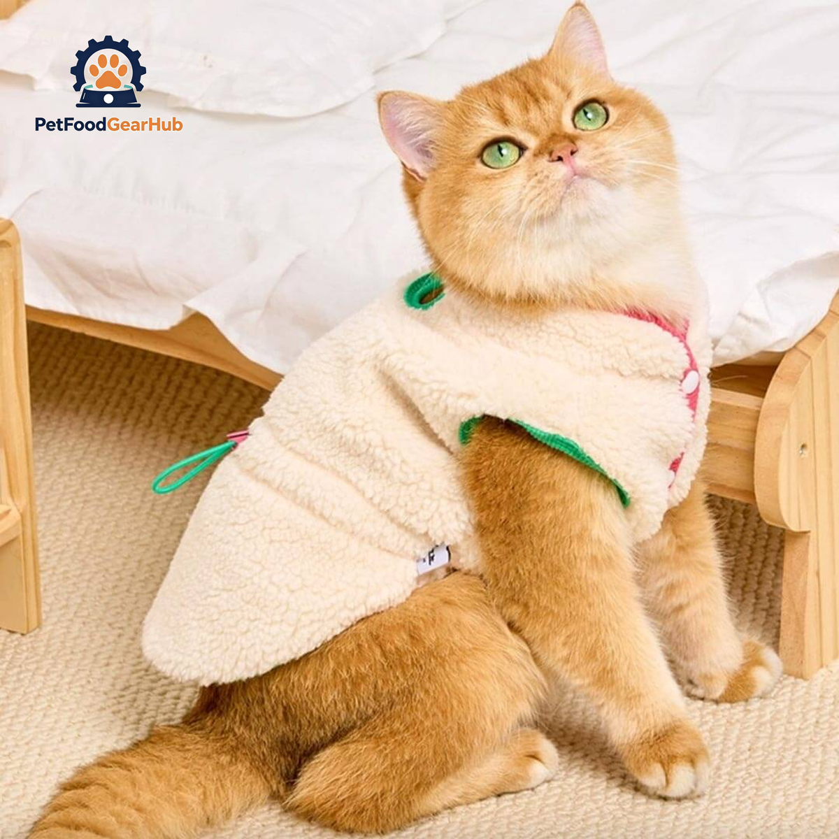 Cat in White Fleece Jacket | PetFoodGearHub