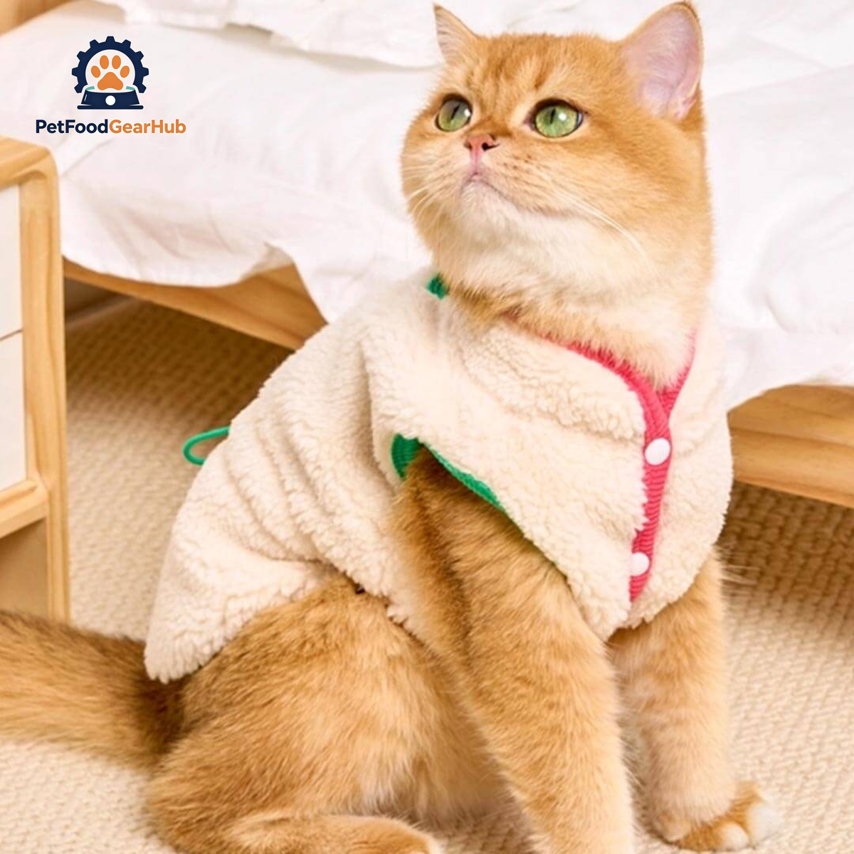 Cat in White Fleece Jacket | PetFoodGearHub