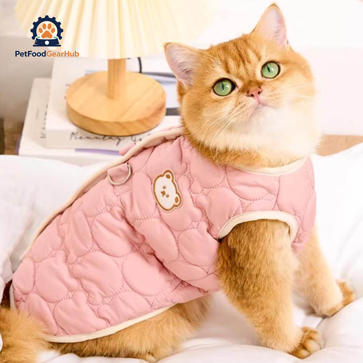 Cat Wearing Pink Quilted Jacket With Bear Detail | Cozy Cat Winter Outfit | PetFoodGearHub