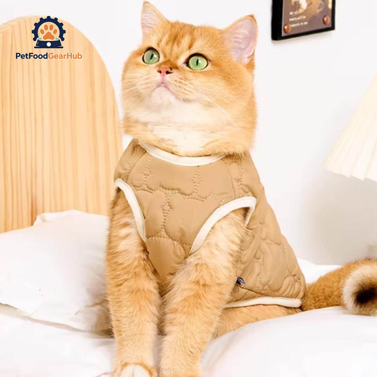 Cat Wearing Brown Quilted Jacket | Cozy Bear Patch Cat Outfit | PetFoodGearHub