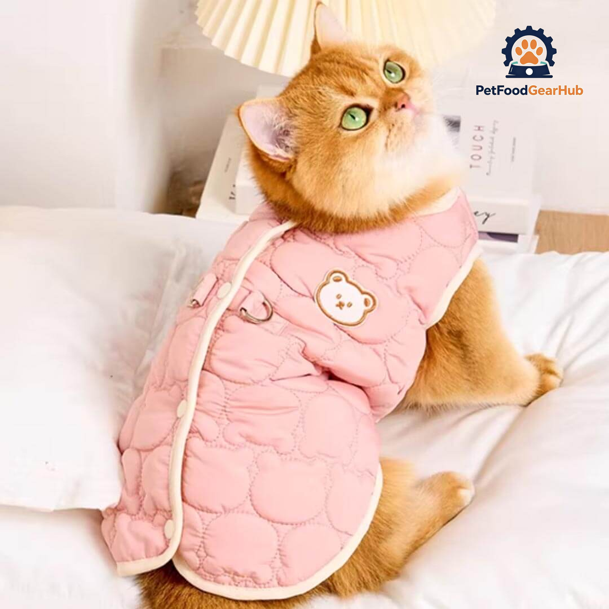 Cat Wearing Pink Quilted Jacket With Bear Detail | Cozy Cat Winter Outfit | PetFoodGearHub