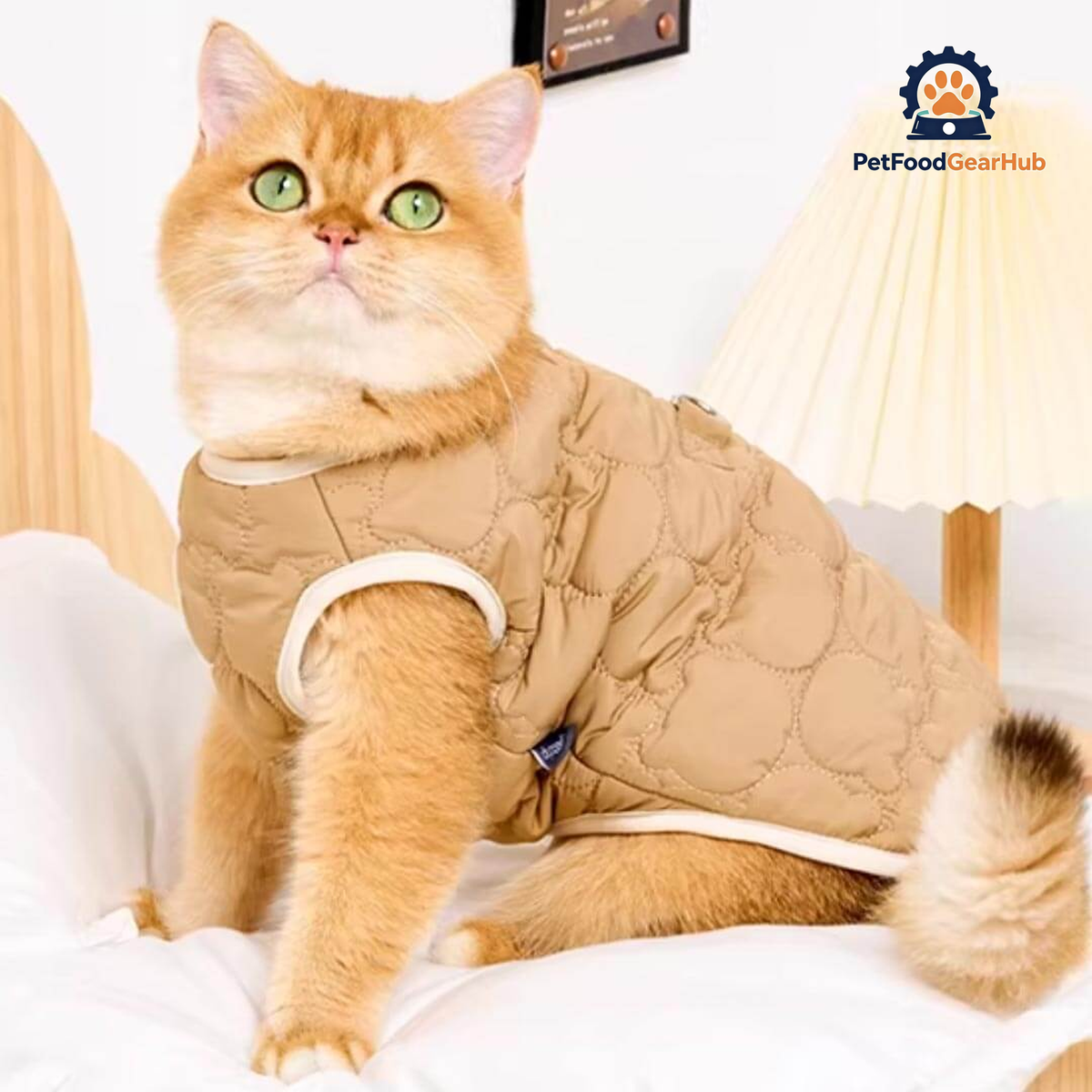 Cat in Brown Quilted Jacket | Cozy Bear Patch Cat Outfit | PetFoodGearHub