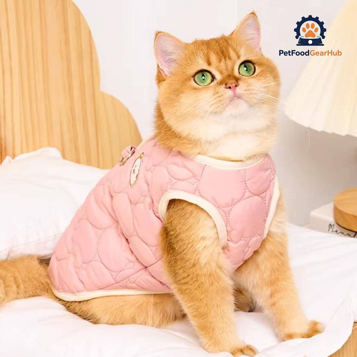 Cat in Pink Quilted Jacket With Bear Detail | Soft Padded Cat Vest | PetFoodGearHub